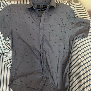 San Francisco Work Shirt Men’s Gray with Blue Shark Pattern Slim Fit Button Up